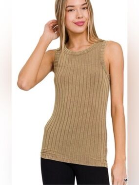 Zenana Ribbed Sleeveless Tank Top in Tan